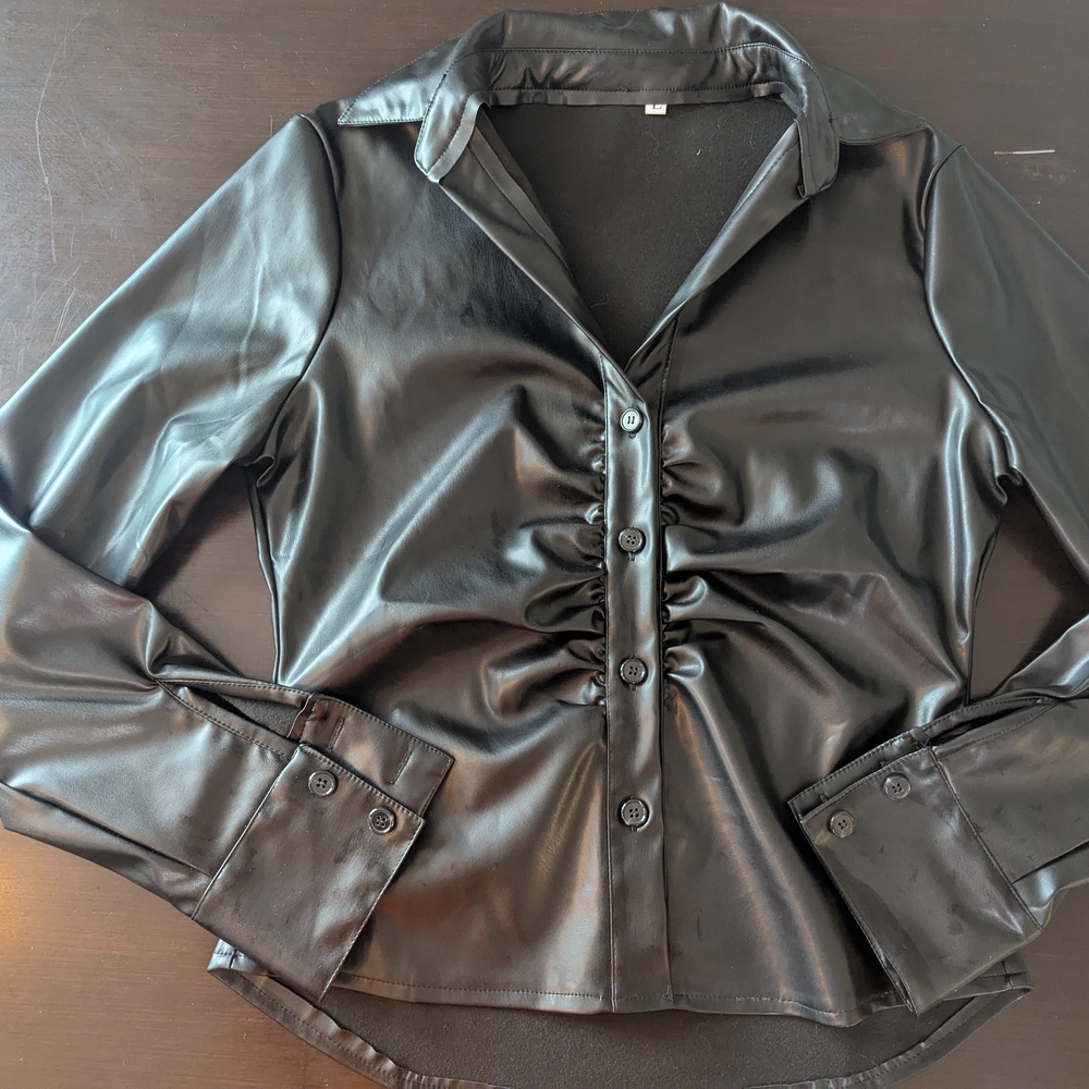 Black Faux Leather Button-Up Jacket